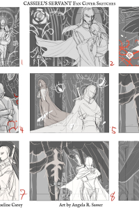 A series of grayscale and red color accent thumbnails exploring the visual themes and composition of a fanmade book cover for Cassiel's Servant by Jacqueline Carey.