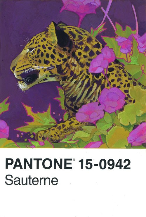 A leopard framed by purple flowers and green leaves.
