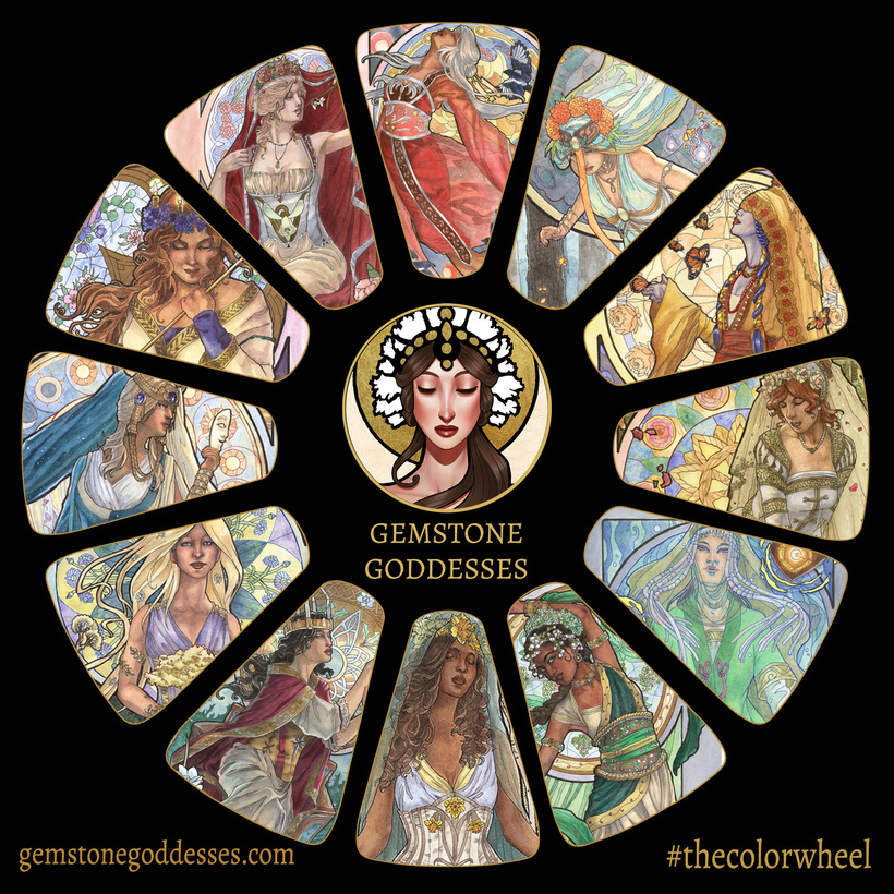 A color wheel consisting primarily of Angela's Birthstone Goddesses watercolor paintings, which create a soft pastel wheel.