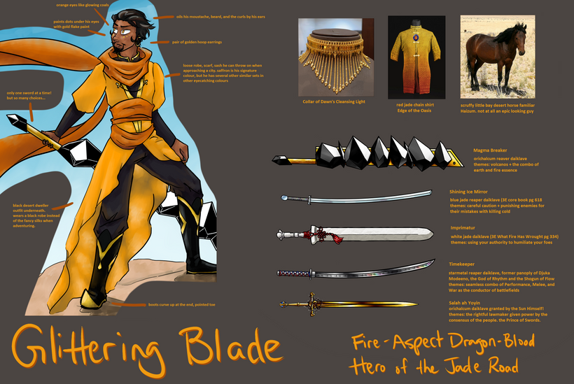 A reference sheet of a swordsman, featuring his armor, mount, and many blades.