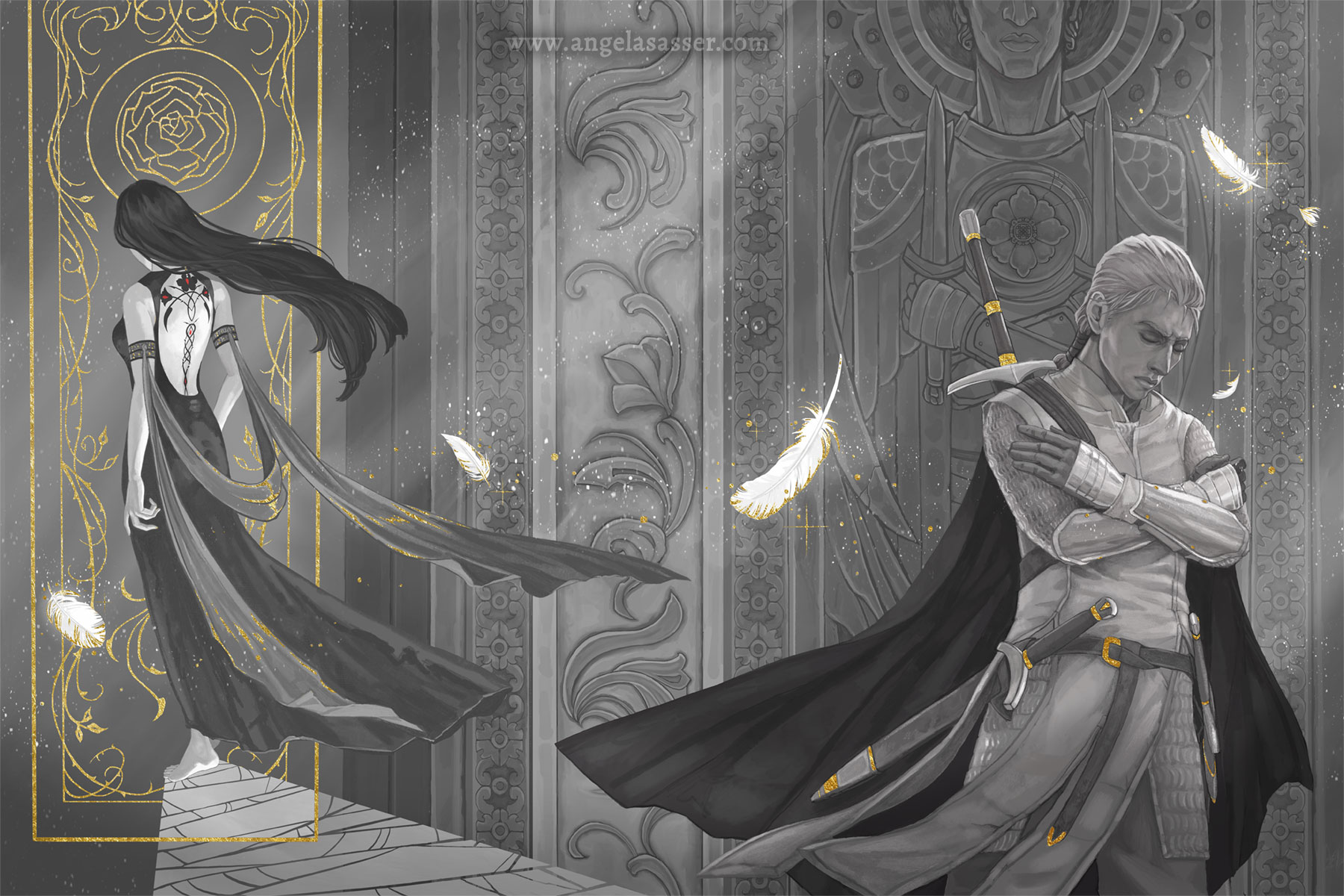 A warrior wearing daggers at his waist and a longsword on his back crosses his forearms in a salute. His eyes are closed in a pensive pose as he stands resolute in his duty. Behind him, the woman he has sworn to protect, walks a path of broken glass into a golden window of thorny rose vines. The black tribal tattoo on her back marks her as a chosen of Kushiel. Pinpricks of red mark its blossoms.